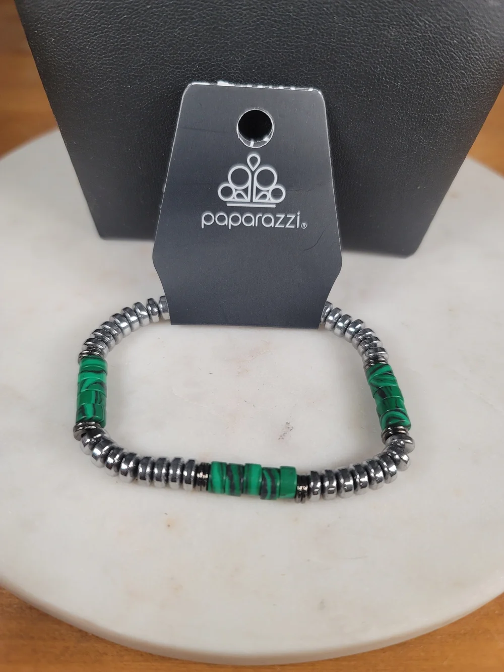 paparazzi Malachite Green and Silver Men’s Beaded Stretch Bracelet